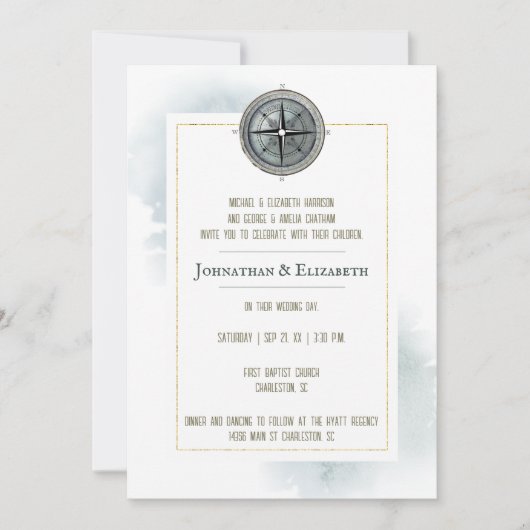  nautisch kompas foto bruiloft kaart (Voorkant)