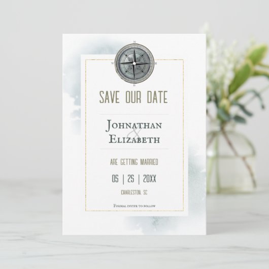  nautisch kompas foto save the date (Staand voorkant)