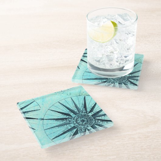 Nautisch kompas koel blauw glazen onderzetter (Schuin)