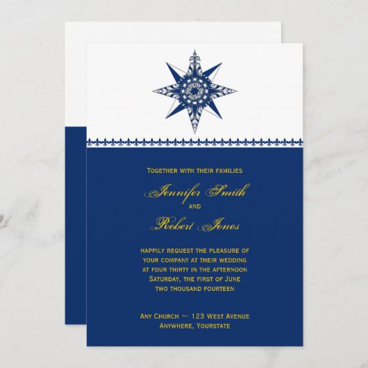 Nautisch kompas marine geel bruiloft uitnodiging (Voorkant / Achterkant)