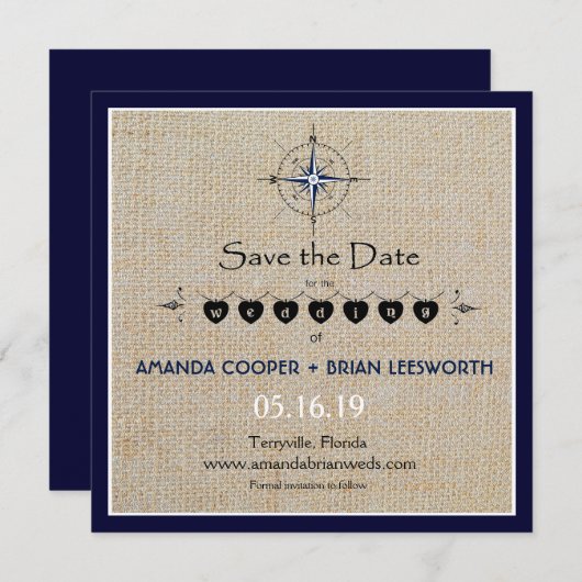 Nautisch kompas / Navy Beach Wedding Bewaar de dat Save The Date (Voorkant / Achterkant)