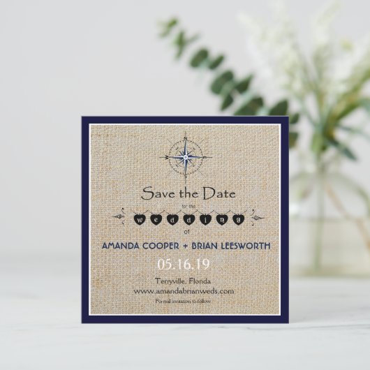 Nautisch kompas / Navy Beach Wedding Bewaar de dat Save The Date (Staand voorkant)