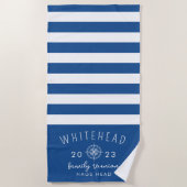 Nautisch Kompas Roos Streep Royal Blue Monogram Strandlaken (Voorkant)