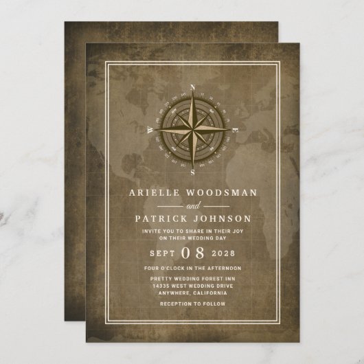 Nautisch kompas Wereldbol bruiloft uitnodigingen (Voorkant / Achterkant)