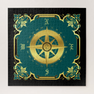 Nautisch kompassilhouet/goud/zwart/aqua legpuzzel