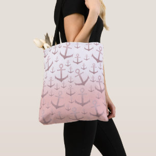 Nautisch koraal roos goudglitterankerpatroon tote bag