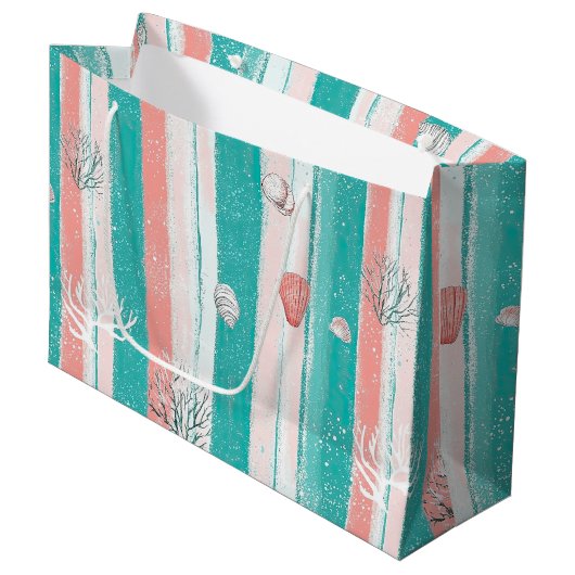 Nautisch koraal streeppatroon groot cadeauzakje (Voorkant Gekanteld)