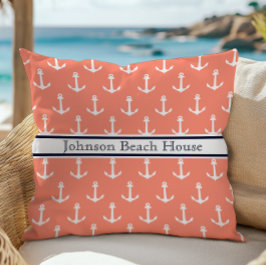 Nautisch Koraalblauw Witte Anker Patroon Naam Kussen