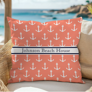 Nautisch Koraalblauw Witte Anker Patroon Naam Kussen