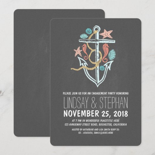 Nautisch krijtbord strand verlovingsfeest nodigt u kaart (Voorkant / Achterkant)