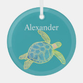 Nautisch Kustaal Zee Turtle Blue Yellow Blauwgroen Glas Ornament (Voorkant)