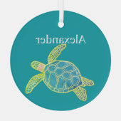 Nautisch Kustaal Zee Turtle Blue Yellow Blauwgroen Glas Ornament (Achterkant)