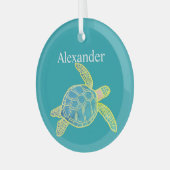Nautisch Kustaal Zee Turtle Blue Yellow Blauwgroen Glas Ornament (Voorkant links)