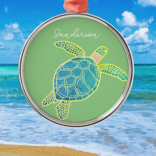 Nautisch Kustaal Zee Turtle Blue Yellow Green Metalen Ornament