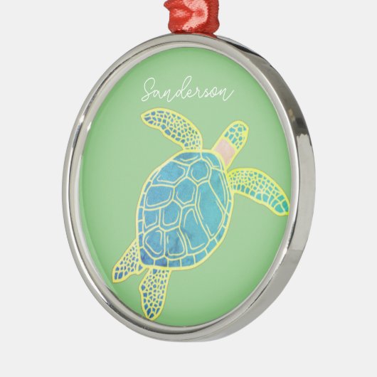 Nautisch Kustaal Zee Turtle Blue Yellow Green Metalen Ornament (Links)