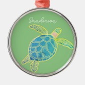 Nautisch Kustaal Zee Turtle Blue Yellow Green Metalen Ornament (Voorkant)