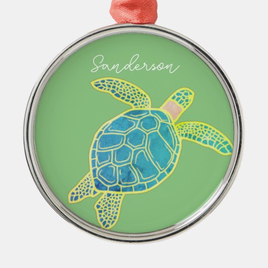 Nautisch Kustaal Zee Turtle Blue Yellow Green Metalen Ornament (Voorkant)