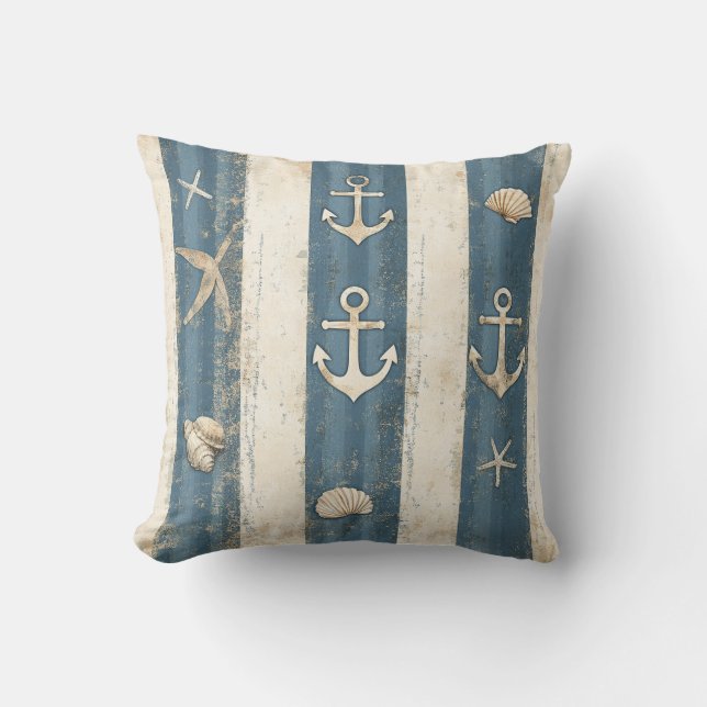 Nautisch kustblauw tonaal gestreepte zeester  kussen (Voorkant)