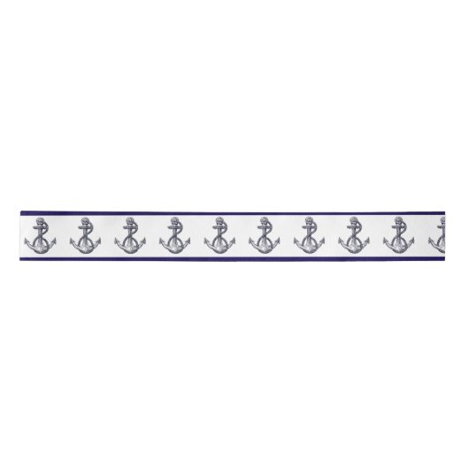 Nautisch kuststrand Seaside Navy Blue Anchor Satijnen Lint (Voorkant)