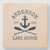 Nautisch Lake House Blauw Anker Oars Zandsteen Stenen Onderzetter (Voorkant)