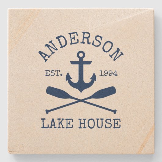 Nautisch Lake House Blauw Anker Oars Zandsteen Stenen Onderzetter (Voorkant)