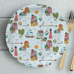 Nautisch lichtblauw patroon jongens babyshowerfees papieren bordje