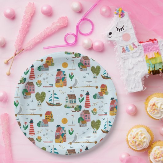 Nautisch lichtblauw patroonjongen baby shower part papieren bordje (Feest)