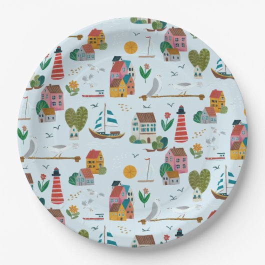 Nautisch lichtblauw patroonjongen baby shower part papieren bordje (Voorkant)