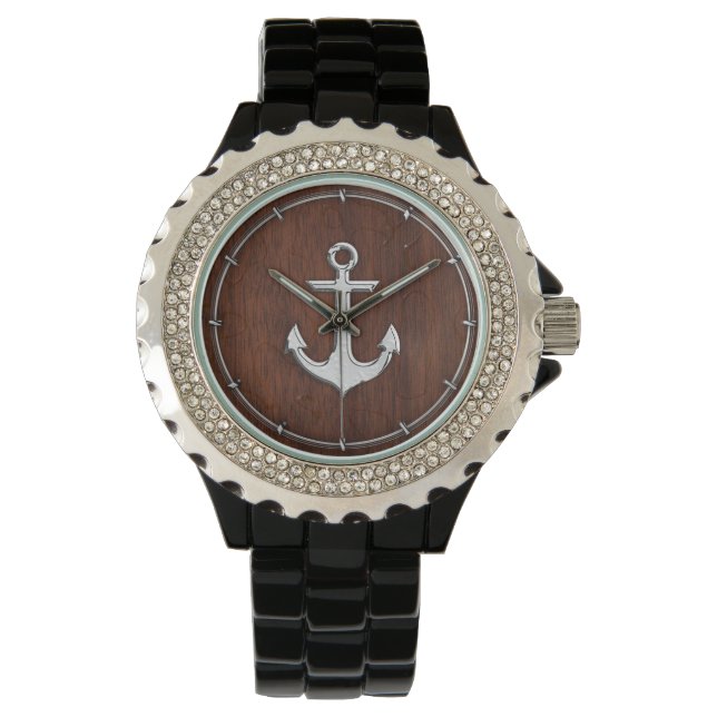 Nautisch mahogany Anchor Steel Horloge (Voorkant)
