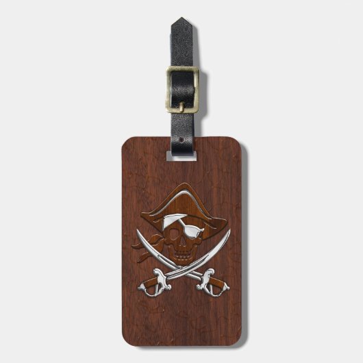 Nautisch mahogany Pirate Skull Steel Bagagelabel (Voorkant verticaal)