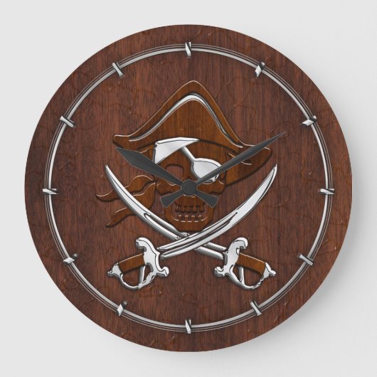 Nautisch mahogany Pirate Skull Steel Grote Klok (Voorkant)