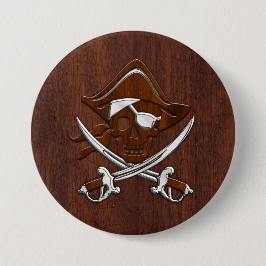 Nautisch mahogany Pirate Skull Steel Ronde Button 7,6 Cm (Voorkant)