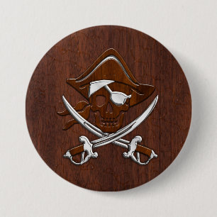 Nautisch mahogany Pirate Skull Steel Ronde Button 7,6 Cm