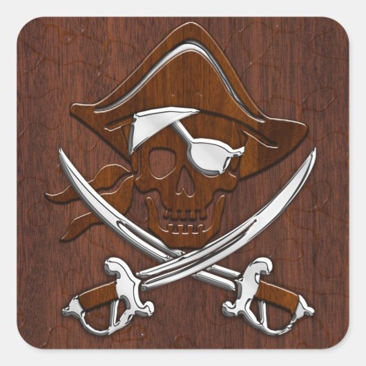 Nautisch mahogany Pirate Skull Steel Vierkante Sticker (Voorkant)