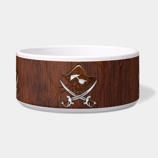 Nautisch mahogany Pirate Skull Steel Voerbakje (Voorkant)