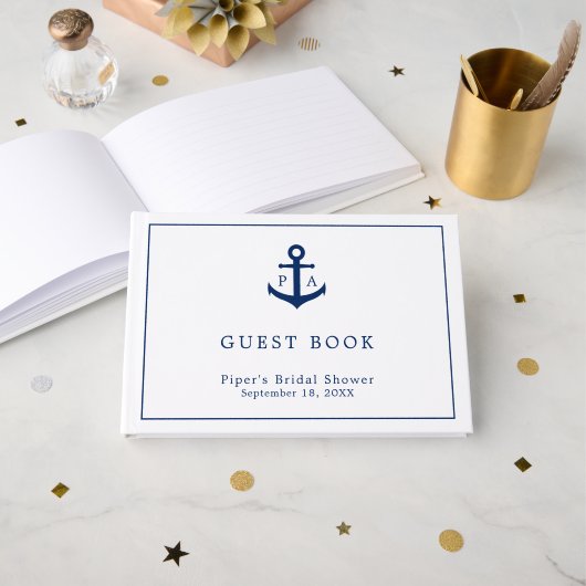Nautisch marineblauw anker monogram bruidsdouche gastenboek (Voorkant open)