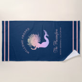 Nautisch marineblauw douchehanddoek met eigen naam strandlaken (Voorkant)