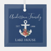 Nautisch meerhuis winterbloemen navyblauw glas ornament (Voorkant)