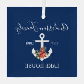 Nautisch meerhuis winterbloemen navyblauw glas ornament (Achterkant)