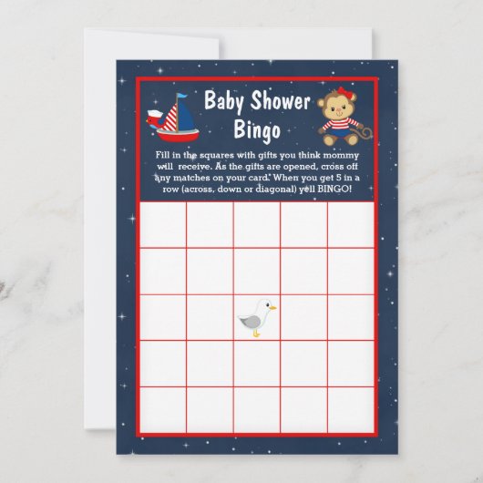 Nautisch Meisje Aap Rood en Marine Baby Bingo Kaart (Voorkant)