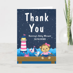 Nautisch Meisje Aap Roze en Marine Baby Shower Bedankkaart