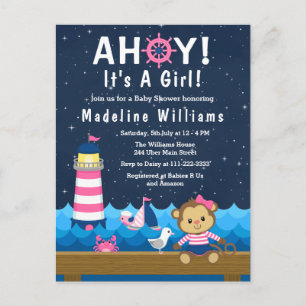 Nautisch Meisje Aap Roze en Marine Baby Shower Briefkaart