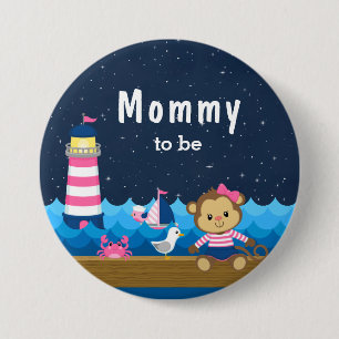 Nautisch Meisje Aap Roze en Marine Mama in Spe Ronde Button 7,6 Cm