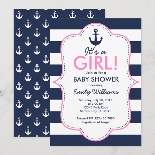 Nautisch Meisje Baby shower uitnodiging (Voorkant / Achterkant)