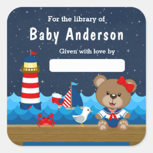Nautisch Meisje Beer Rood en Marine Baby Ex-Libris Vierkante Sticker
