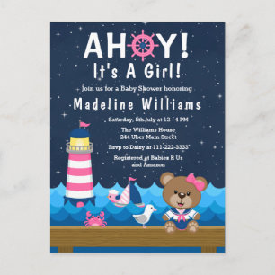 Nautisch Meisje Beer Roze en Marine Babyshower Briefkaart