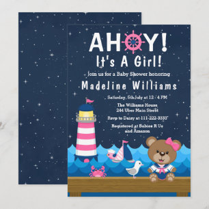 Nautisch Meisje Beer Roze en Marine Babyshower Kaart