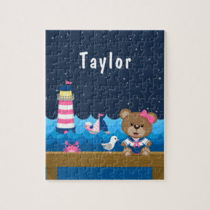 Nautisch Meisje Beer Roze en Marineblauw Legpuzzel