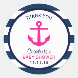 Nautisch MEISJE Hot Roze Navy Blauw Baby shower Fa Ronde Sticker