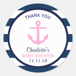 Nautisch MEISJE Roze Navy Blauw Baby shower Favor Ronde Sticker